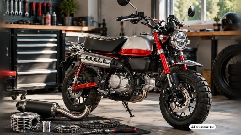 Honda Monkey 125 in einer Werkstatt, davor Auspuff, Zylinder, Kolben und Kettenräder auf einer Matte – KI-generiertes Symbolbild.
