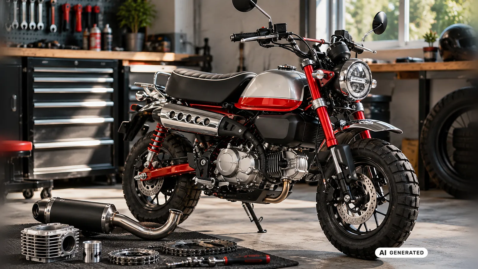 Honda Monkey 125 in einer Werkstatt, davor Auspuff, Zylinder, Kolben und Kettenräder auf einer Matte – KI-generiertes Symbolbild.