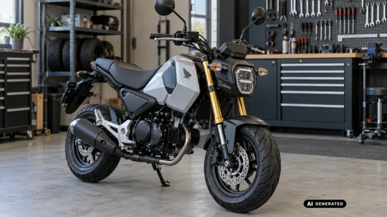 Silberne Honda MSX125 Grom mit goldener Upside-down-Gabel in einer aufgeräumten Werkstatt – KI-generiertes Symbolbild.
