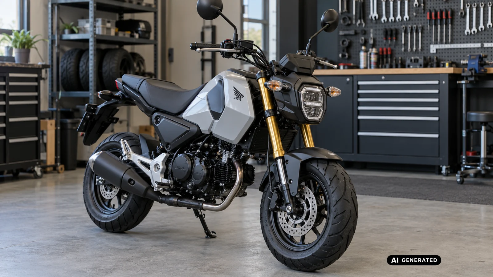 Silberne Honda MSX125 Grom mit goldener Upside-down-Gabel in einer aufgeräumten Werkstatt – KI-generiertes Symbolbild.