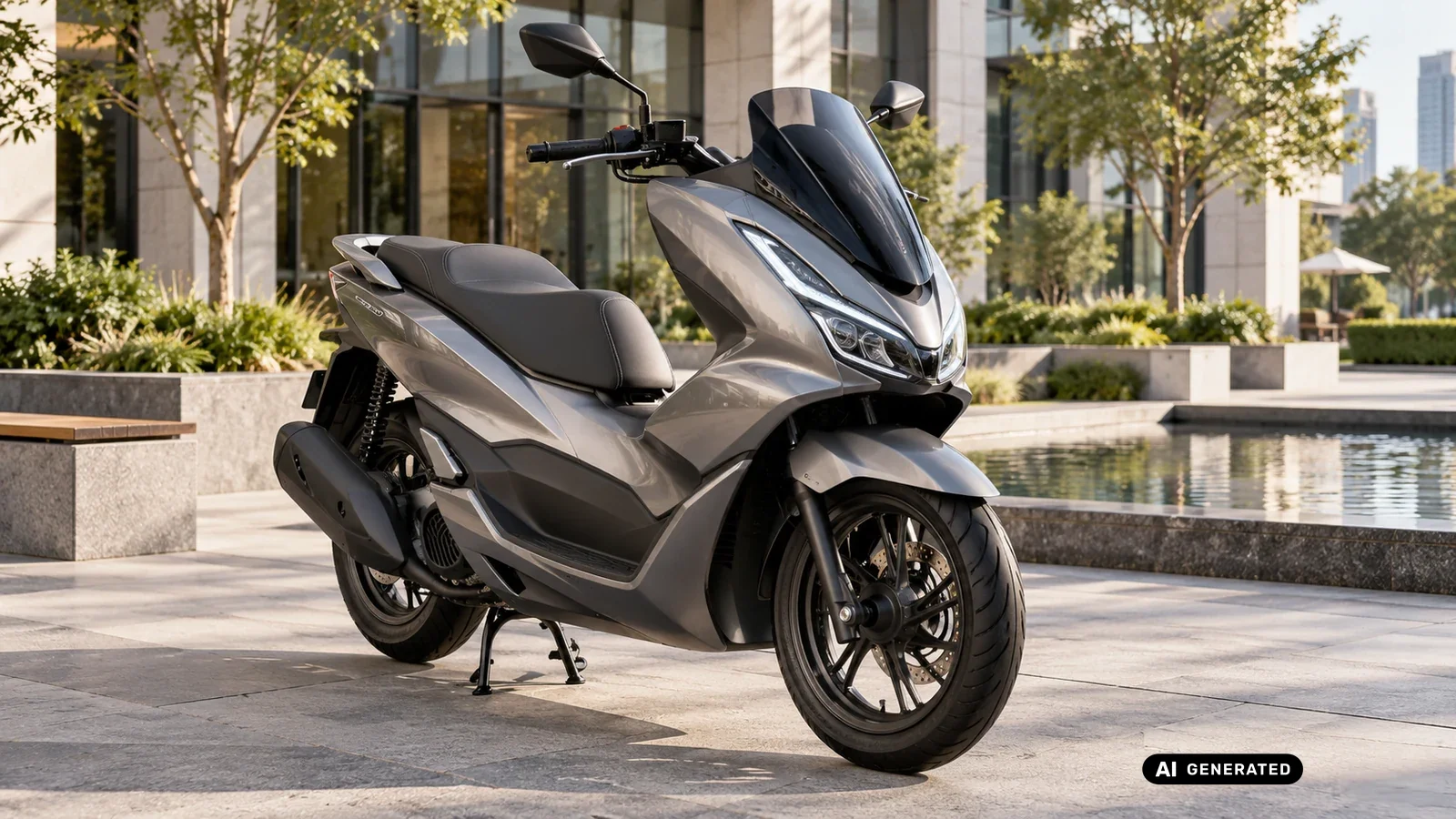 Honda PCX, grauer Großroller mit Variomatik-Silhouette, moderner Platz mit Wasserbecken, Titelbild Tuning-Ratgeber · KI-generiertes Symbolbild.