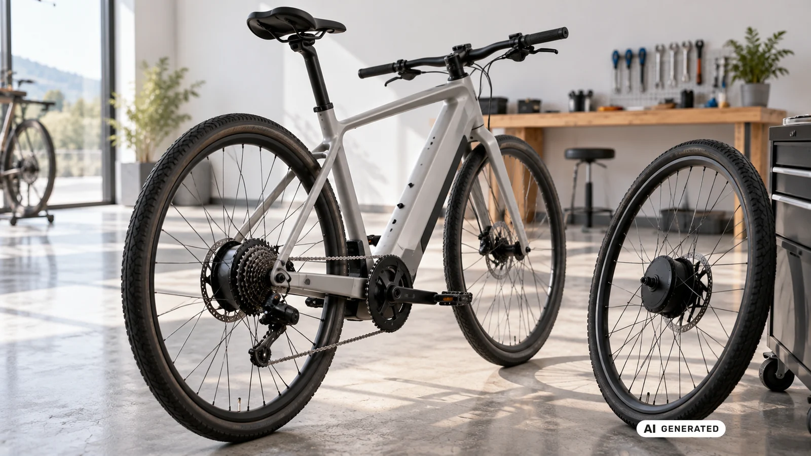 E-Bike mit Hinterradnabenmotor in sonniger Werkstatt, zweites Laufrad mit Nabenmotor daneben. KI-generiertes Symbolbild.