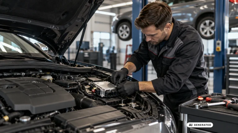 Mechaniker steckt ein Diagnosegerät an das Steuergerät im Motorraum · KI-generiertes Symbolbild.