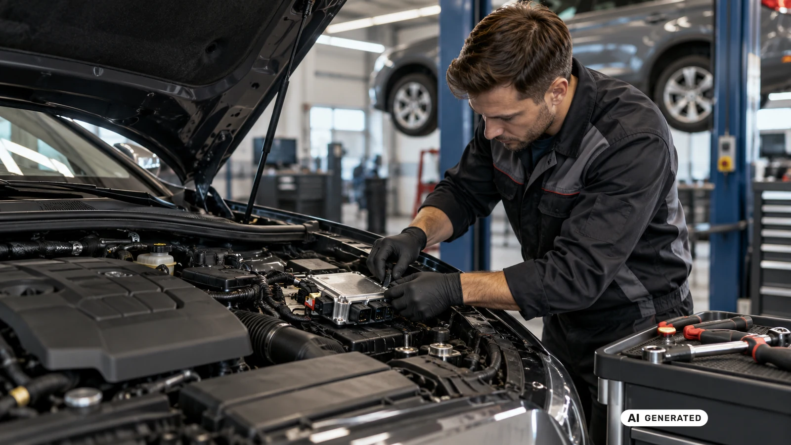 Mechaniker steckt ein Diagnosegerät an das Steuergerät im Motorraum · KI-generiertes Symbolbild.