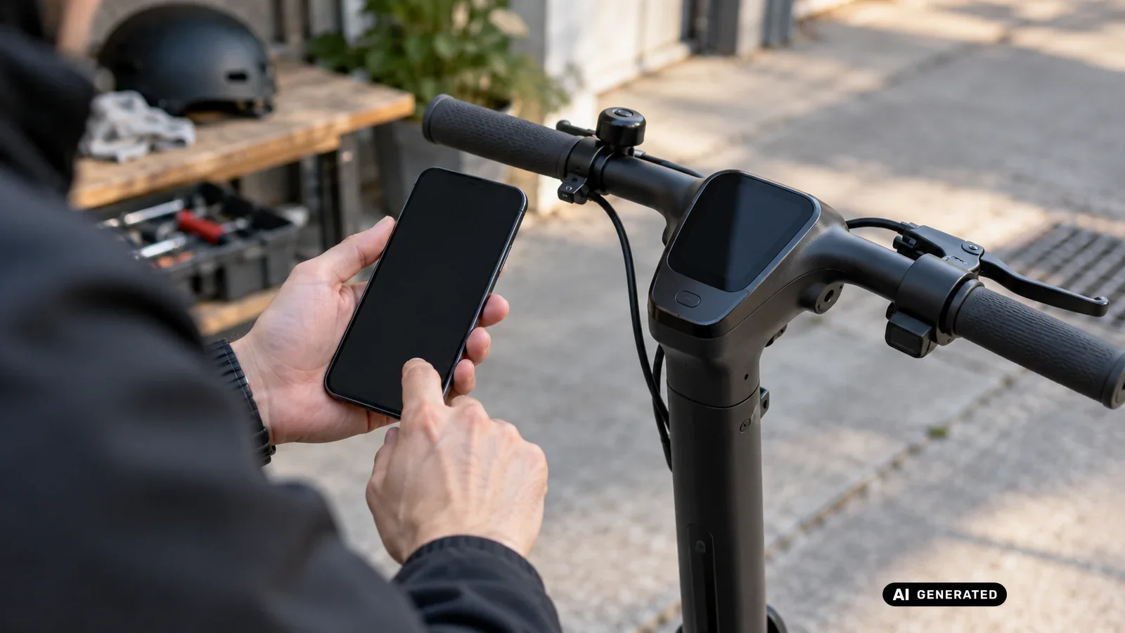 Smartphone mit dunklem Display in der Hand vor dem Lenker eines E-Scooters mit Bordcomputer · KI-generiertes Symbolbild.