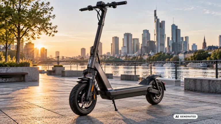 Stehender E-Scooter mit Trittbrett und Lenkstange, abgestellt an einer Promenade. KI-generiertes Symbolbild.