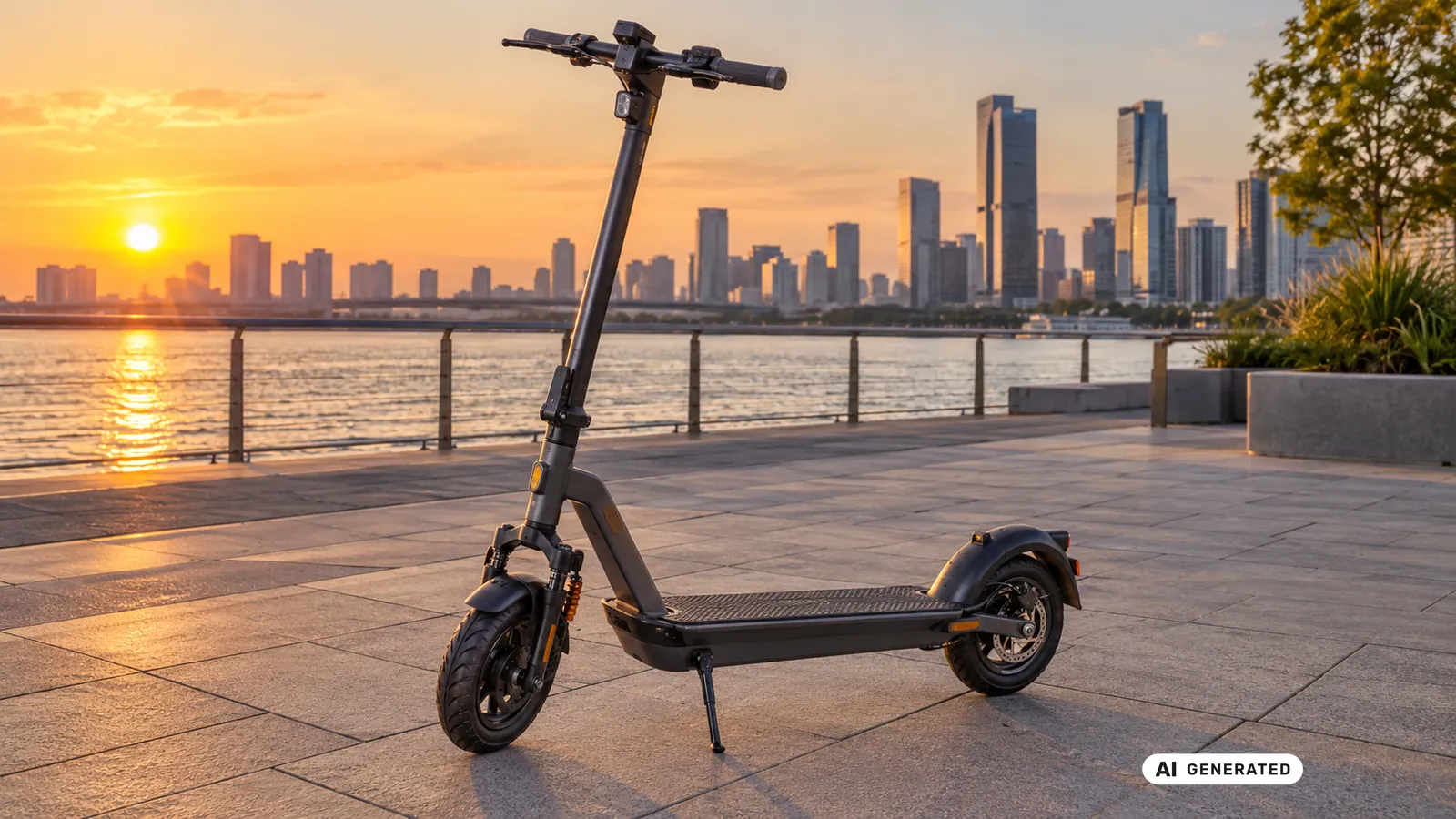 Elektro-Tretroller mit Federgabel auf einer Uferpromenade bei Sonnenuntergang, dahinter eine Stadtsilhouette – KI-generiertes Symbolbild.