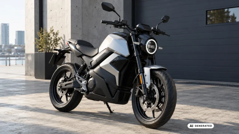 Silbern-schwarzes Elektromotorrad im Naked-Bike-Stil mit rundem LED-Scheinwerfer vor einem Hallentor – KI-generiertes Symbolbild.