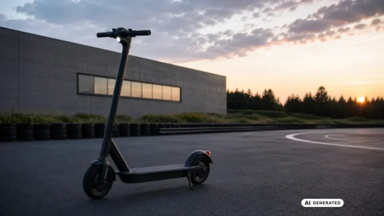 E-Scooter auf einer abgesperrten Teststrecke in der Abenddämmerung. KI-generiertes Symbolbild.