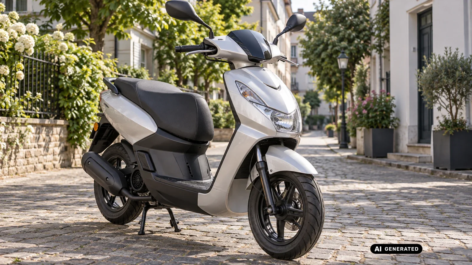 Peugeot Kisbee, silberner moderner 50er-Roller, Pariser Wohnstraße, Titelbild Tuning-Ratgeber · KI-generiertes Symbolbild.