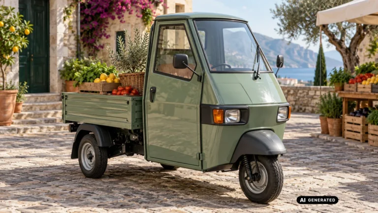 Piaggio Ape, dreirädriges Lastenfahrzeug mit Kabine und offener Ladefläche, mediterraner Hof, Titelbild Tuning-Ratgeber · KI-generiertes Symbolbild.