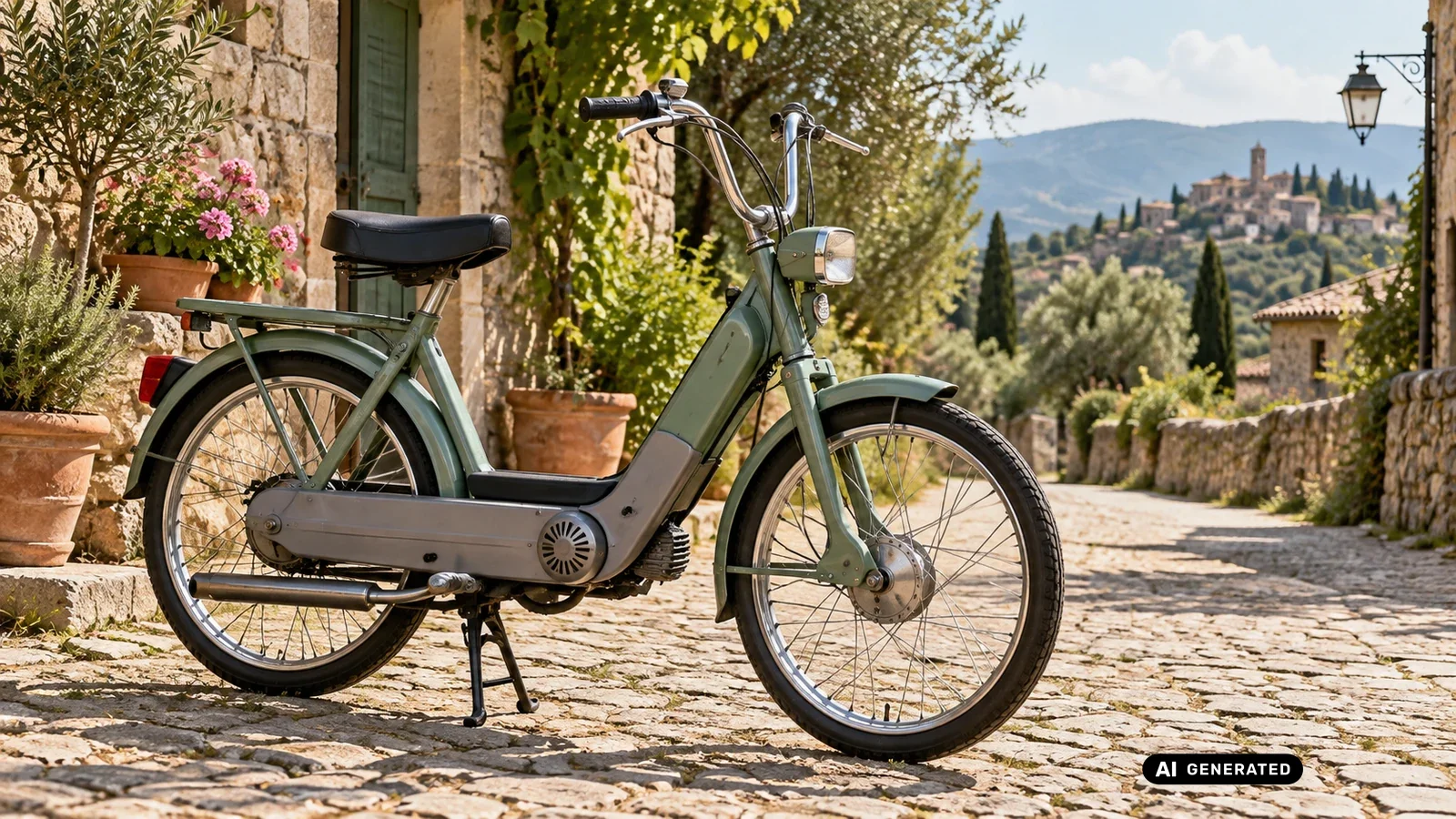 Piaggio Ciao, klassisches Moped mit Rahmentank und Trittbrett, toskanische Gasse, Titelbild Tuning-Ratgeber · KI-generiertes Symbolbild.