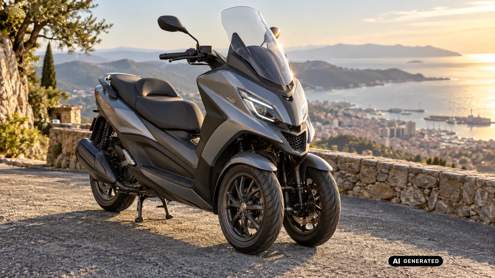 Piaggio MP3, dreirädriger Roller mit zwei Vorderrädern, Panoramastraße, Titelbild Tuning-Ratgeber · KI-generiertes Symbolbild.