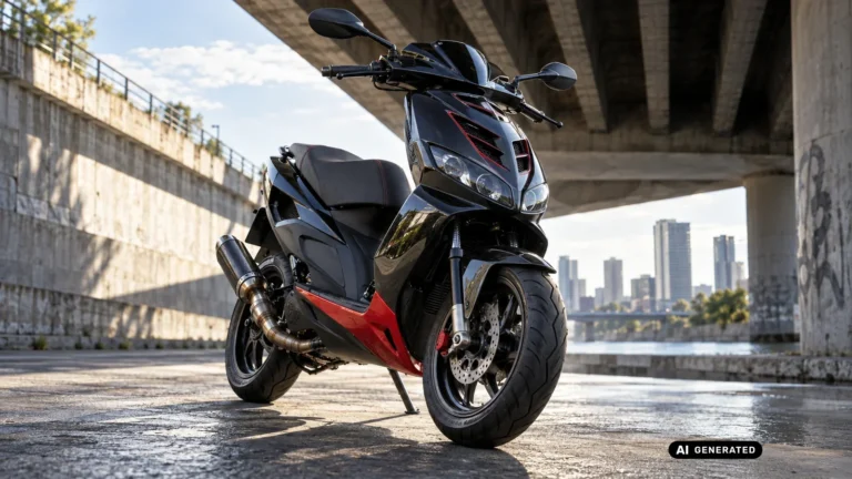 Piaggio NRG, schwarzer Sportroller mit spitzer Front unter einer Stadtbruecke, Titelbild Tuning-Ratgeber · KI-generiertes Symbolbild.