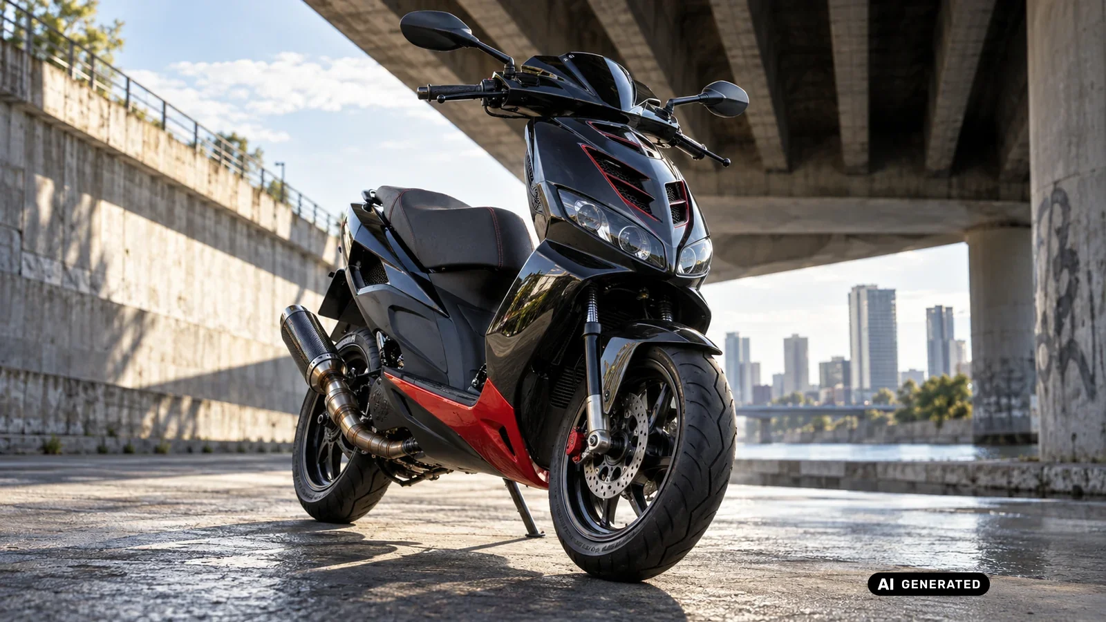 Piaggio NRG, schwarzer Sportroller mit spitzer Front unter einer Stadtbruecke, Titelbild Tuning-Ratgeber · KI-generiertes Symbolbild.