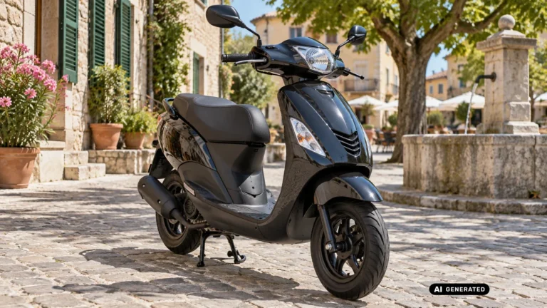 Piaggio Zip, moderner 50er-Roller in schwarz, mediterrane Gassenkulisse, Titelbild Tuning-Ratgeber · KI-generiertes Symbolbild.