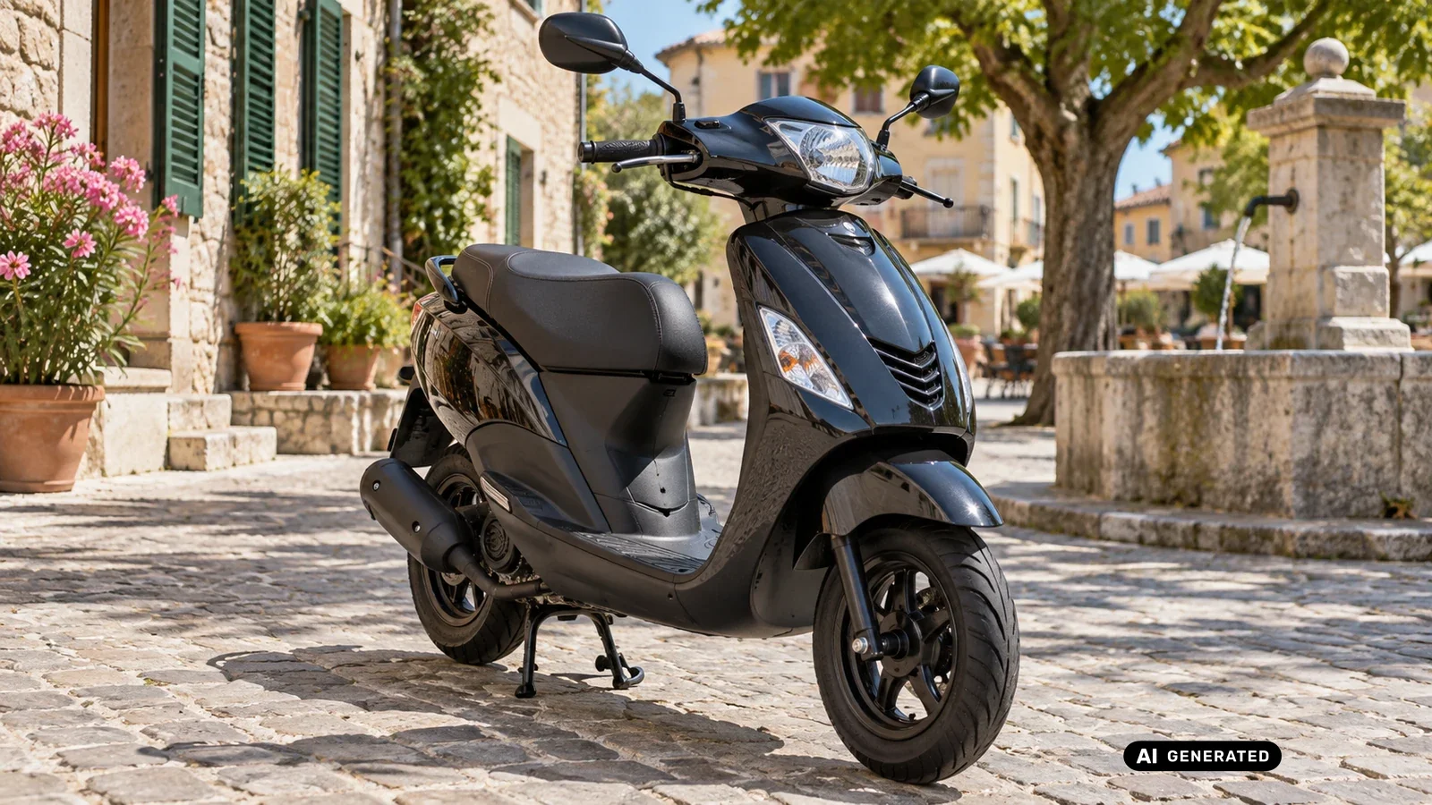 Piaggio Zip, moderner 50er-Roller in schwarz, mediterrane Gassenkulisse, Titelbild Tuning-Ratgeber · KI-generiertes Symbolbild.