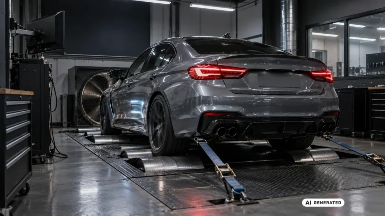 Graue Sportlimousine von hinten auf einem Rollenprüfstand in der Werkstatt · KI-generiertes Symbolbild.