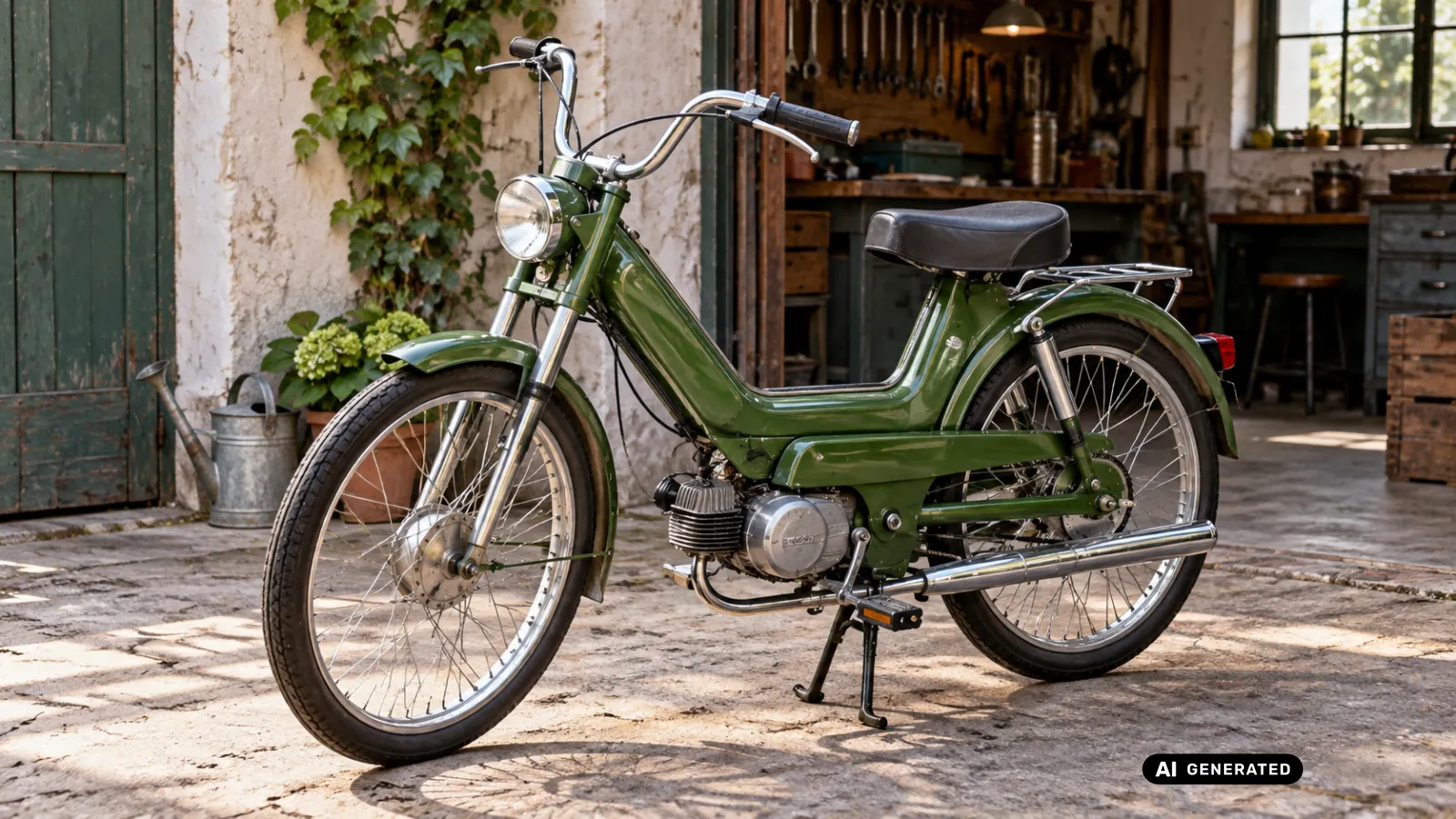 Puch Maxi Moped in Grün vor einer rustikalen Werkstatt, Seitenansicht fuer Tuning-Ratgeber · KI-generiertes Symbolbild.