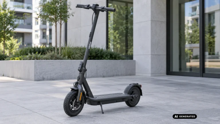 Dunkelgrauer Ninebot-E-Scooter mit Seitenständer auf einem Platz vor einem modernen Wohnhaus – KI-generiertes Symbolbild.