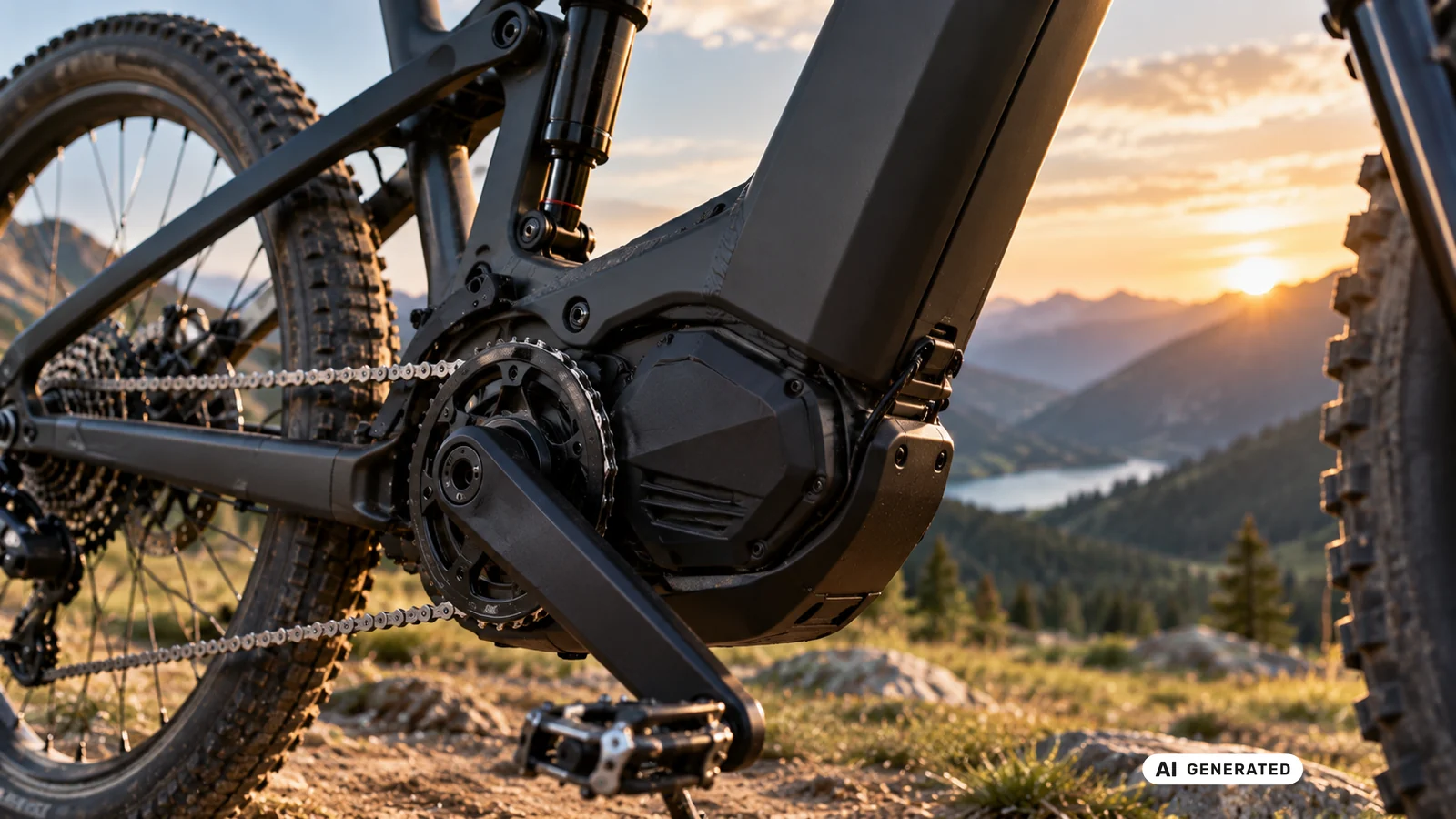 Mittelmotor eines vollgefederten E-Mountainbikes mit Kurbel und Kettenblatt im Abendlicht – KI-generiertes Symbolbild.
