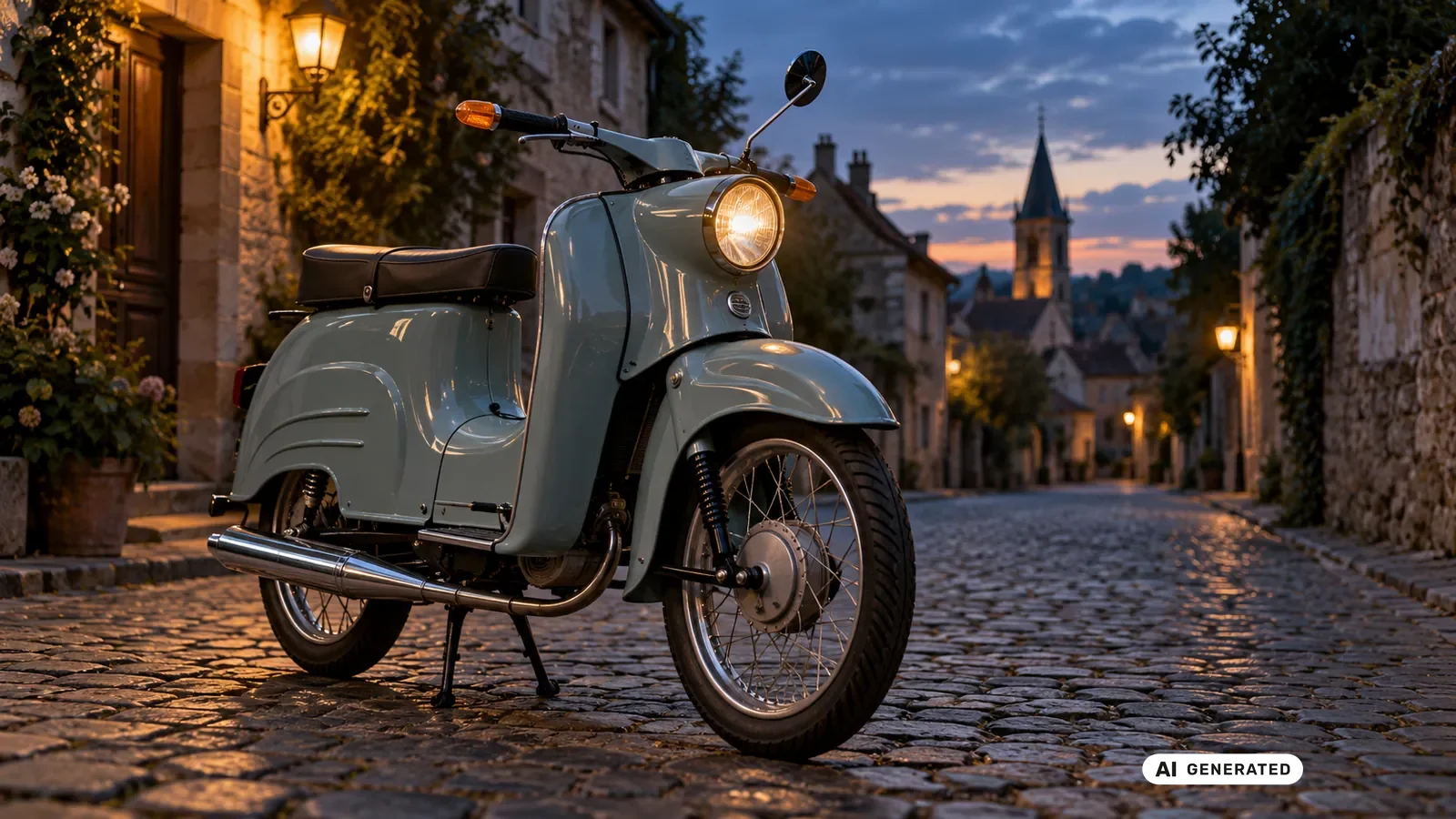 Simson KR51 Schwalbe, hellgruener vollverkleideter DDR-Rollerklassiker, nächtliche Dorfgasse, Titelbild Tuning-Ratgeber · KI-generiertes Symbolbild.