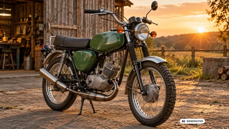 Simson S50, gruenes DDR-Mokick mit sichtbarem Rahmen und Tank vor einer Scheune, Titelbild Tuning-Ratgeber · KI-generiertes Symbolbild.