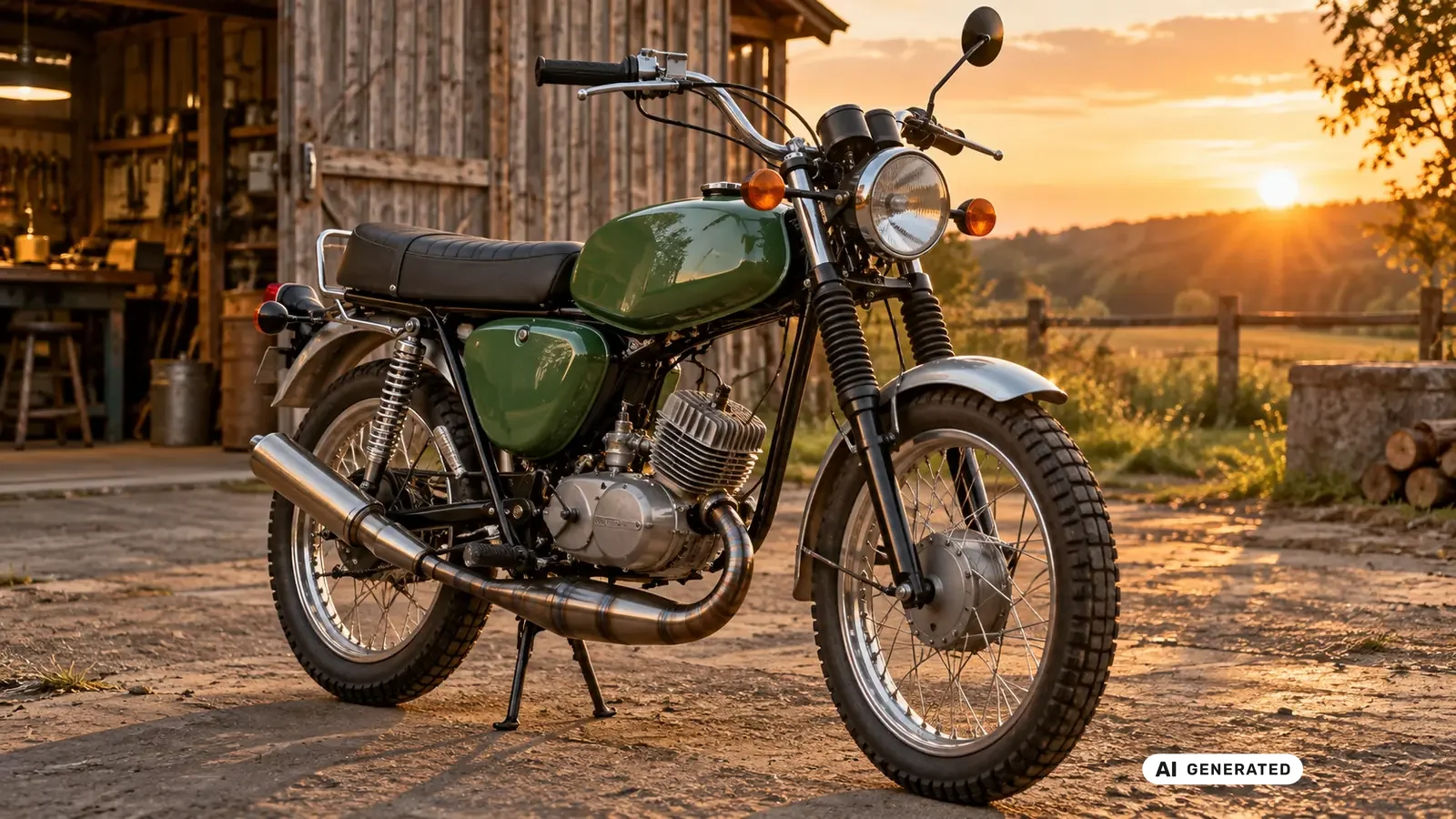 Simson S50, gruenes DDR-Mokick mit sichtbarem Rahmen und Tank vor einer Scheune, Titelbild Tuning-Ratgeber · KI-generiertes Symbolbild.