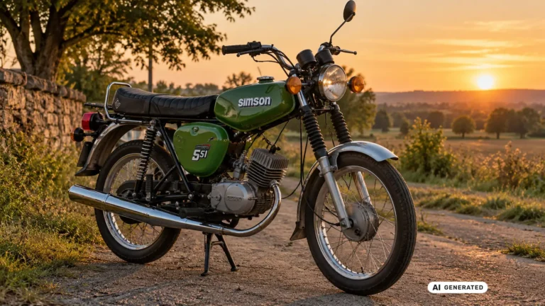 Grüne Simson S51 mit Chromauspuff auf einem Feldweg bei Sonnenuntergang – KI-generiertes Symbolbild.