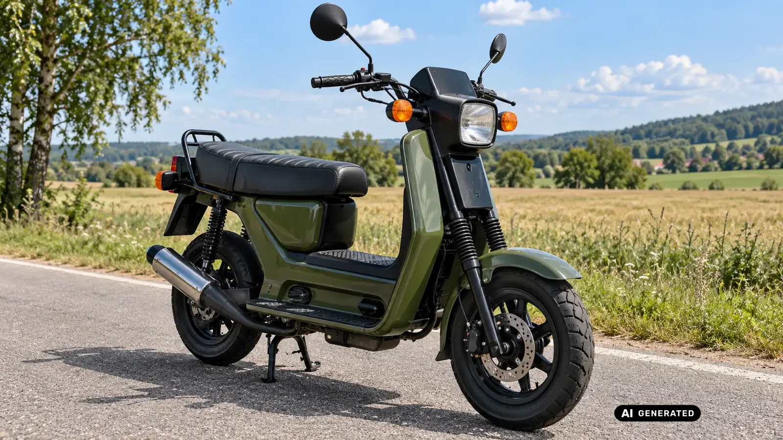 Simson SR50, olivgruener Roller mit kantiger 1980er-Kunststoffverkleidung auf Landstrasse, Titelbild Tuning-Ratgeber · KI-generiertes Symbolbild.