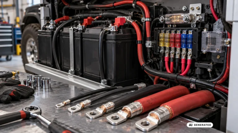 Batteriebank mit Sicherungshalter und konfektionierten Kabeln mit Kabelschuhen in verschiedenen Querschnitten auf der Werkbank · KI-generiertes Symbolbild.