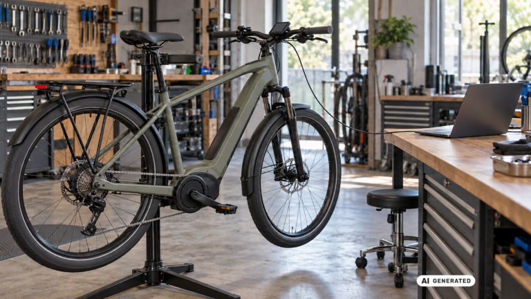 E-Bike im Montageständer mit Kabelverbindung vom Lenkerdisplay zu einem Laptop in der Werkstatt. KI-generiertes Symbolbild.
