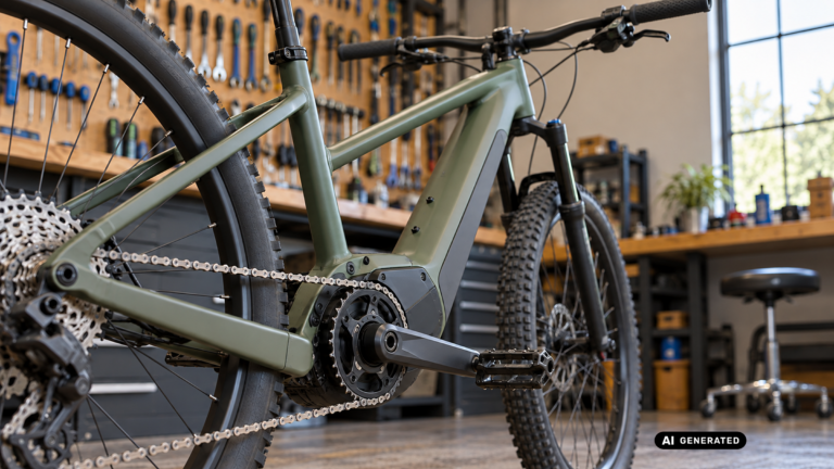 Nahaufnahme von Mittelmotor und Kettenantrieb eines E-Mountainbike-Hardtails in einer Werkstatt. KI-generiertes Symbolbild.