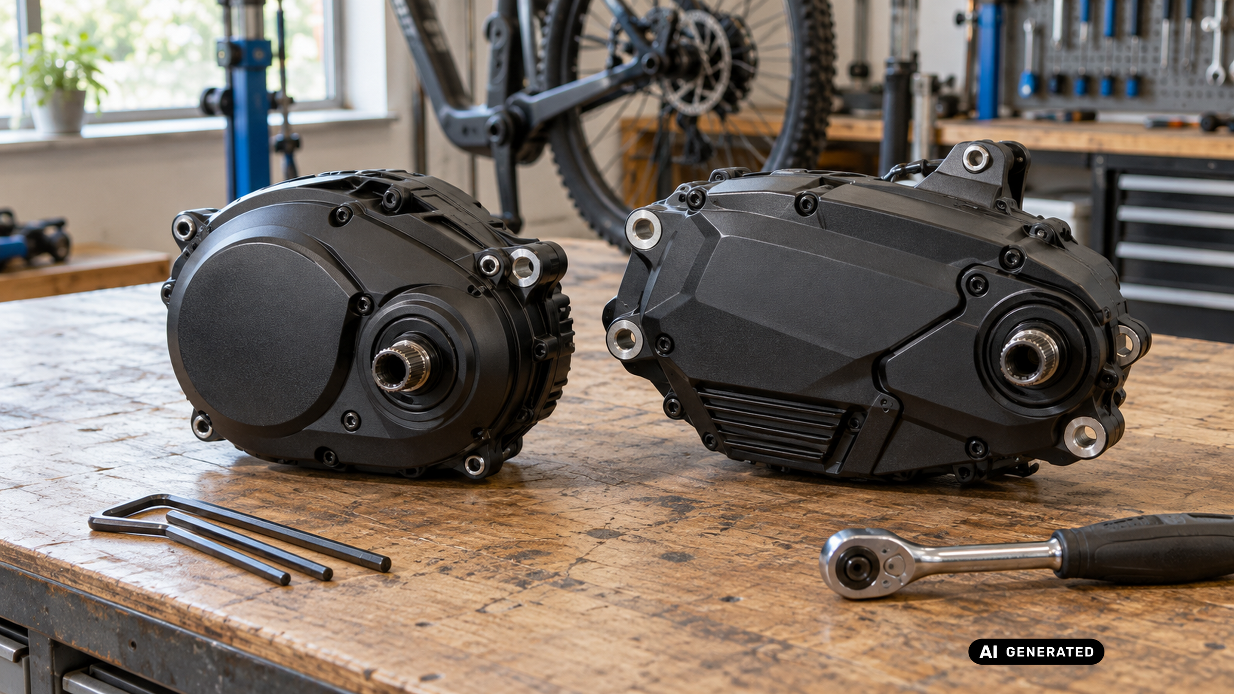 Zwei unterschiedlich geformte E-Bike-Mittelmotoren nebeneinander auf einer Werkbank. KI-generiertes Symbolbild.