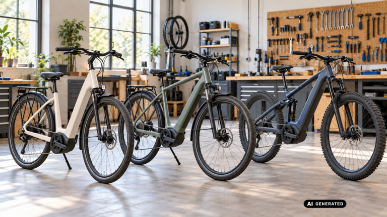 City-E-Bike, Trekkingrad und E-Mountainbike nebeneinander in einer hellen Werkstatt. KI-generiertes Symbolbild.