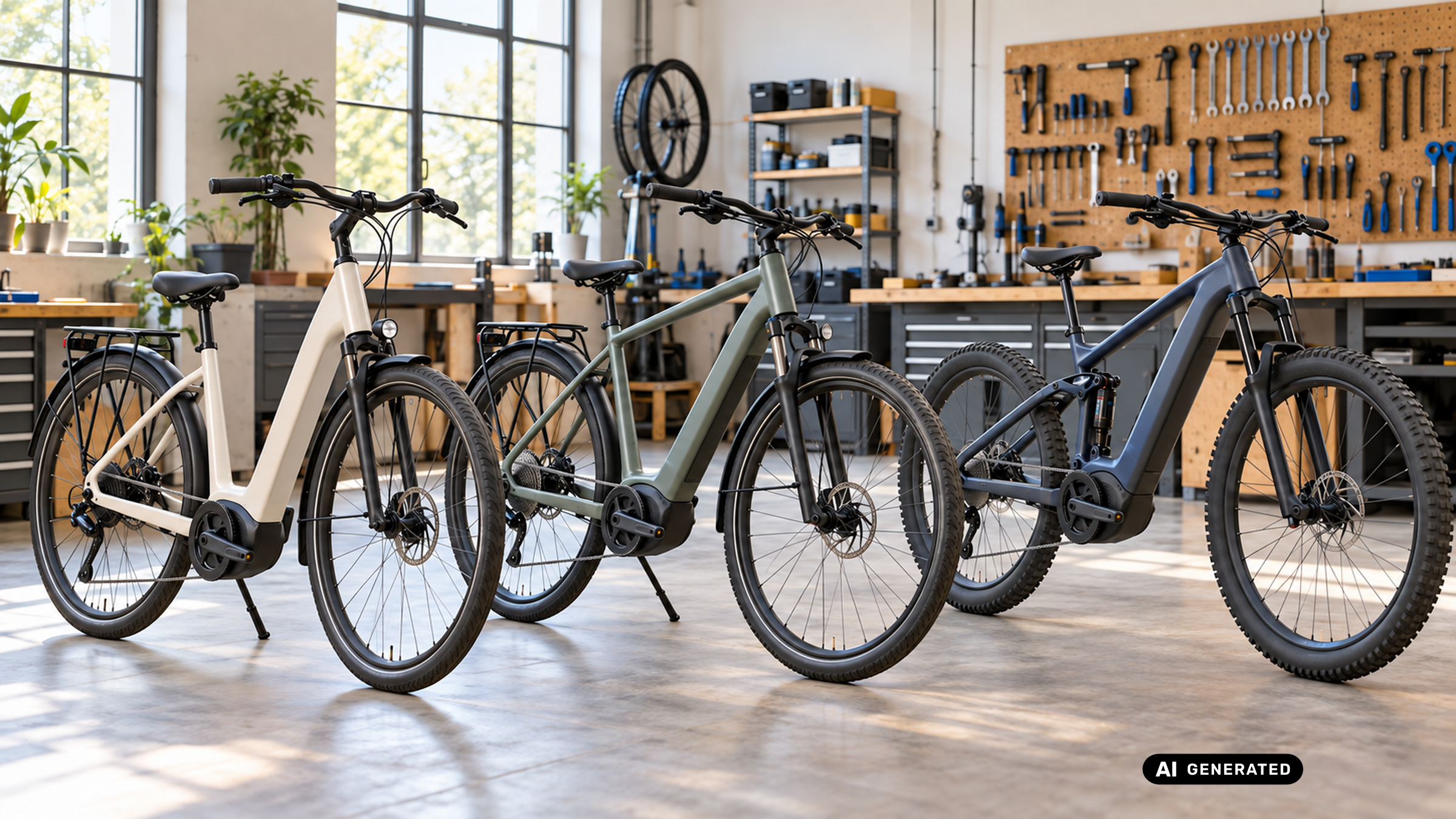 City-E-Bike, Trekkingrad und E-Mountainbike nebeneinander in einer hellen Werkstatt. KI-generiertes Symbolbild.