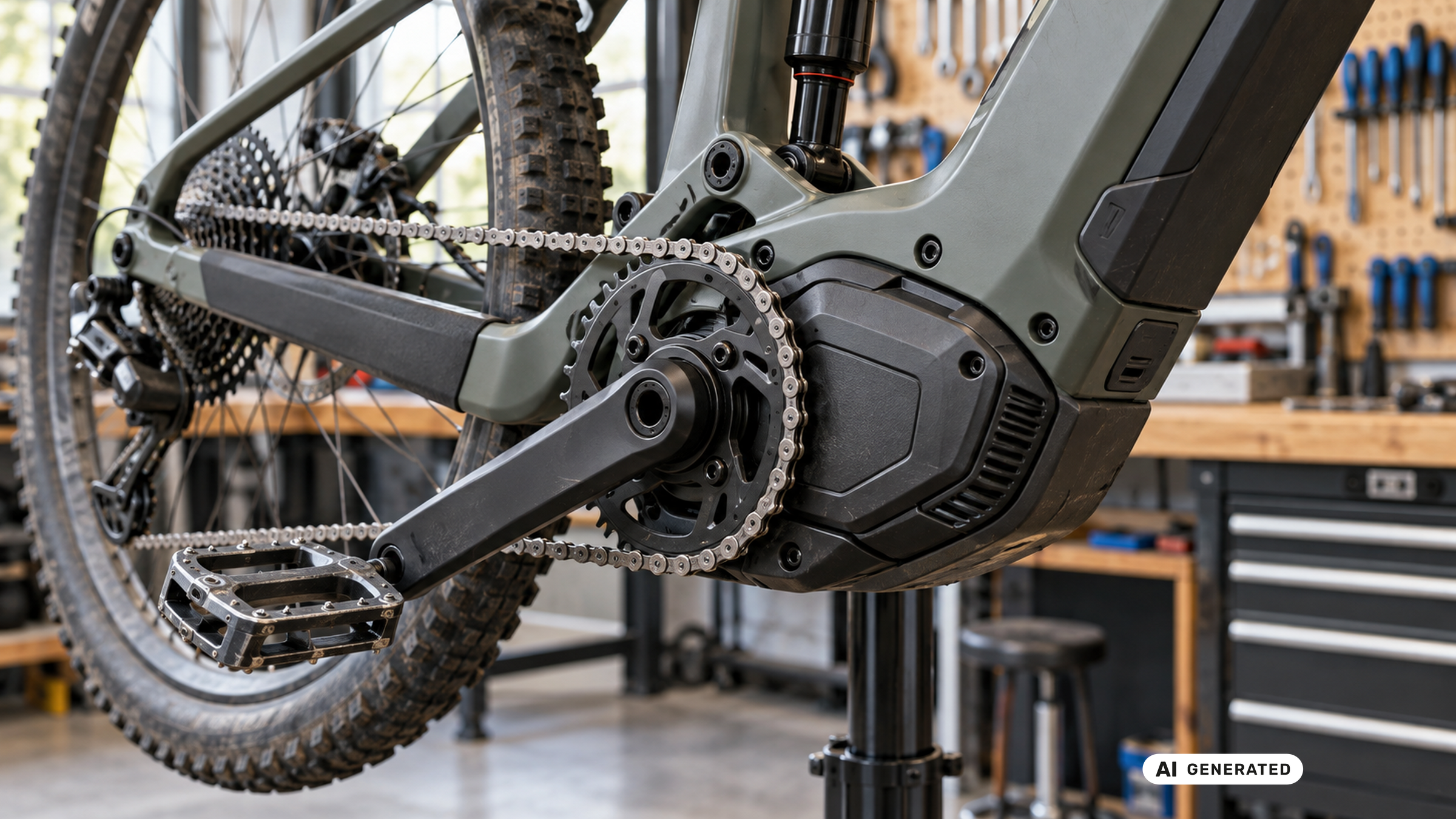 Nahaufnahme von Mittelmotor, Kurbel und Kettenblatt eines E-Mountainbikes im Montageständer. KI-generiertes Symbolbild.