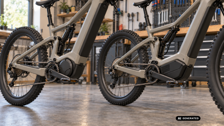 Zwei ähnlich gestaltete E-Mountainbikes mit unterschiedlich geformten Motorgehäusen. KI-generiertes Symbolbild.