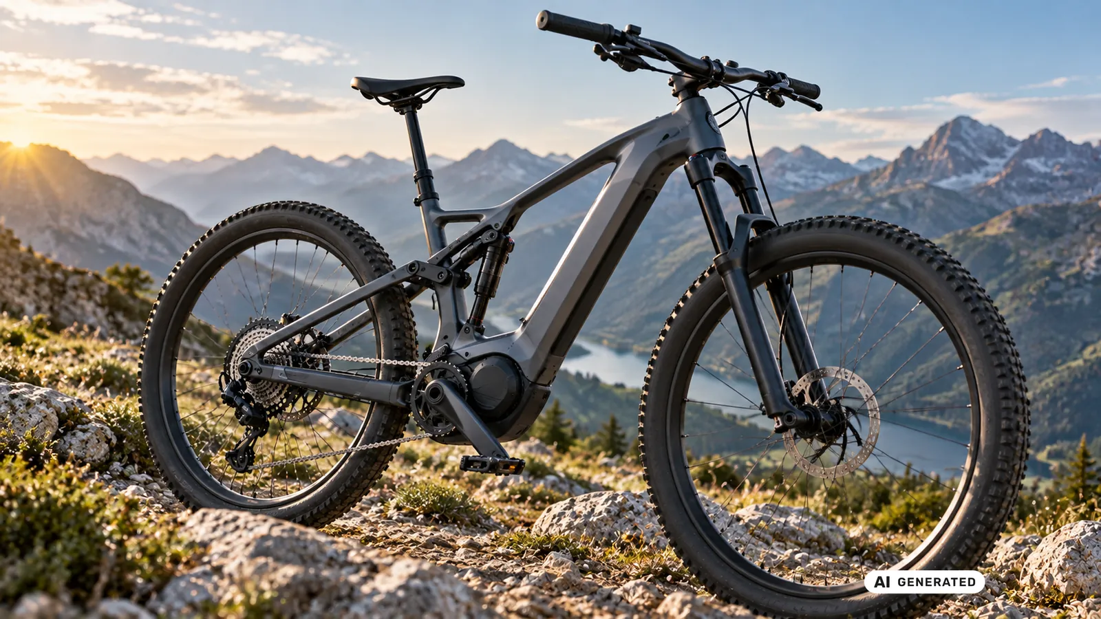 E-Mountainbike mit kompaktem Mittelmotor auf einem Berggrat bei Sonnenaufgang. KI-generiertes Symbolbild.