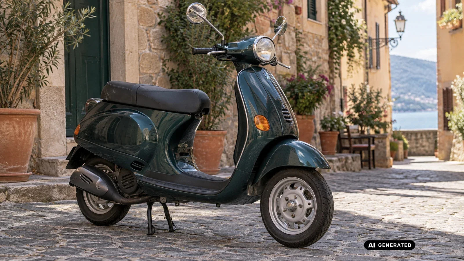 Vespa ET2, klassisches Kleinrahmen-Modell in Dunkelgrün, mediterrane Gassenkulisse, Titelbild Tuning-Ratgeber. KI-generiertes Symbolbild.