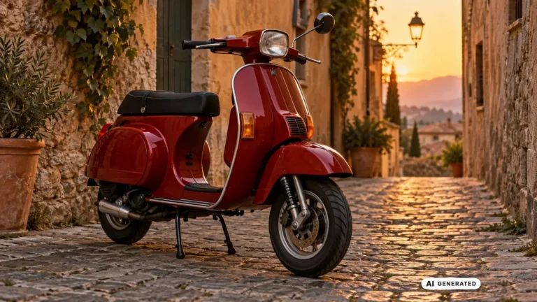 Vespa PK 50, klassischer roter Rollerkoerper ohne Hubraum-Badge, mediterrane Gasse bei Sonnenuntergang, Titelbild Tuning-Ratgeber · KI-generiertes Symbolbild.