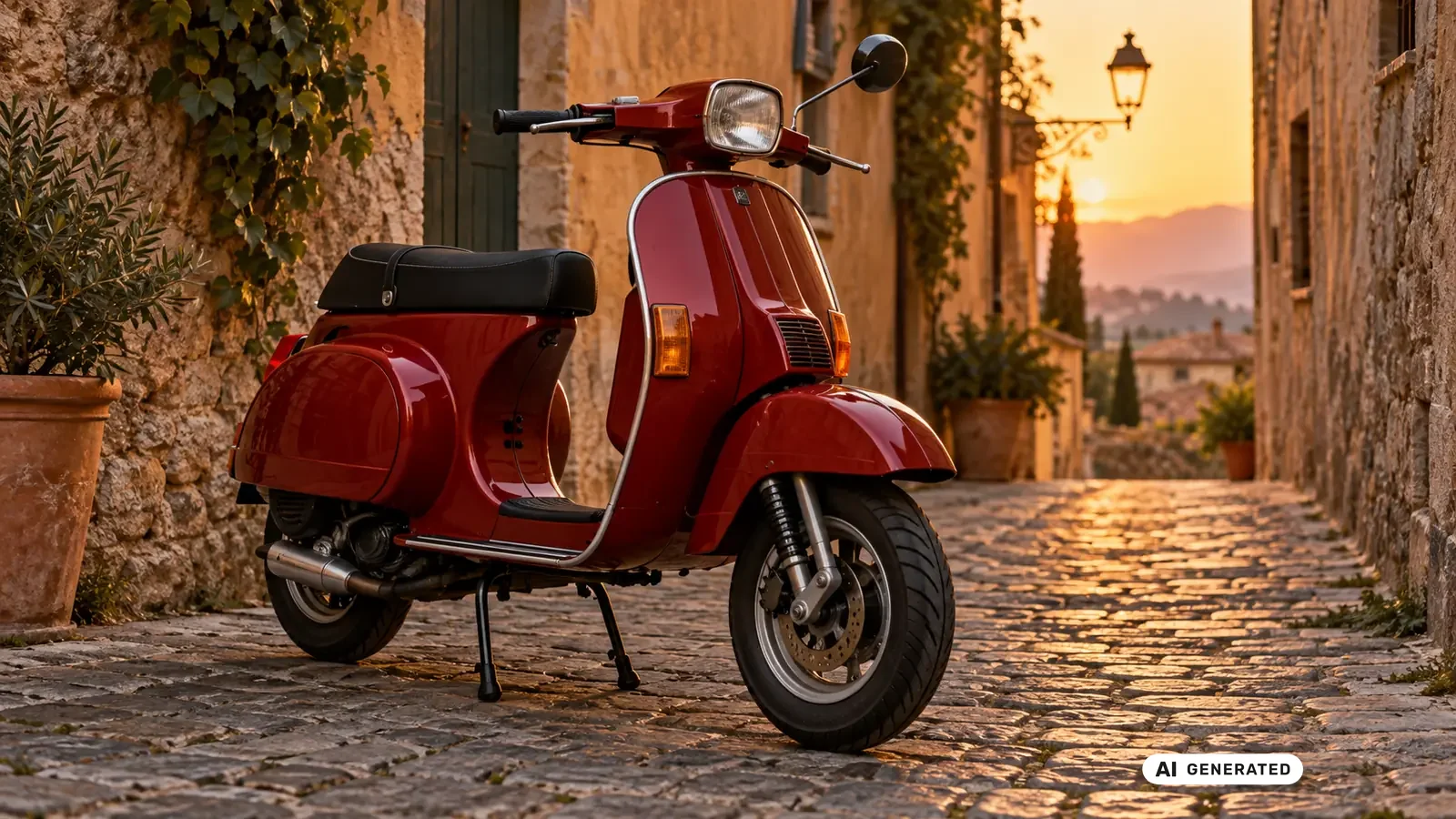 Vespa PK 50, klassischer roter Rollerkoerper ohne Hubraum-Badge, mediterrane Gasse bei Sonnenuntergang, Titelbild Tuning-Ratgeber · KI-generiertes Symbolbild.