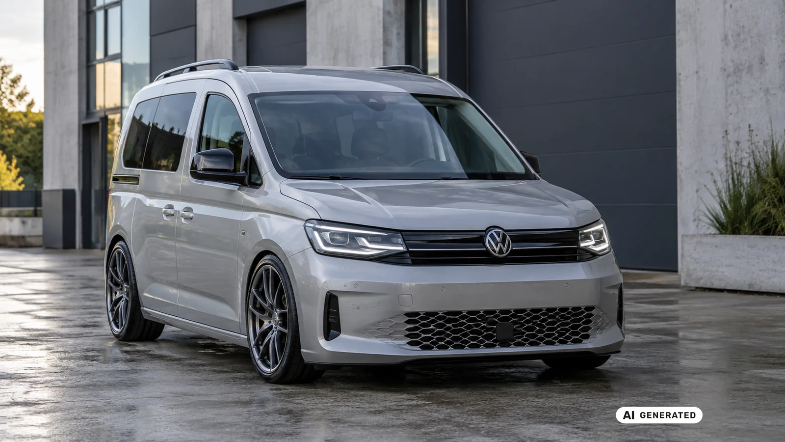Silberner VW Caddy, tiefergelegt auf dunklen Leichtmetallfelgen, vor einer Halle mit Betonfassade – KI-generiertes Symbolbild.