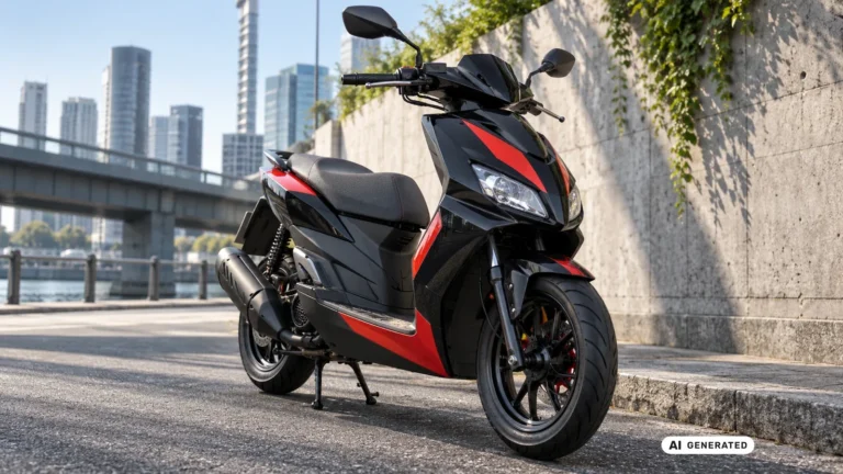 Yamaha Aerox, schwarz-roter Sportroller, urbane Skyline mit Brücke, Titelbild Tuning-Ratgeber · KI-generiertes Symbolbild.
