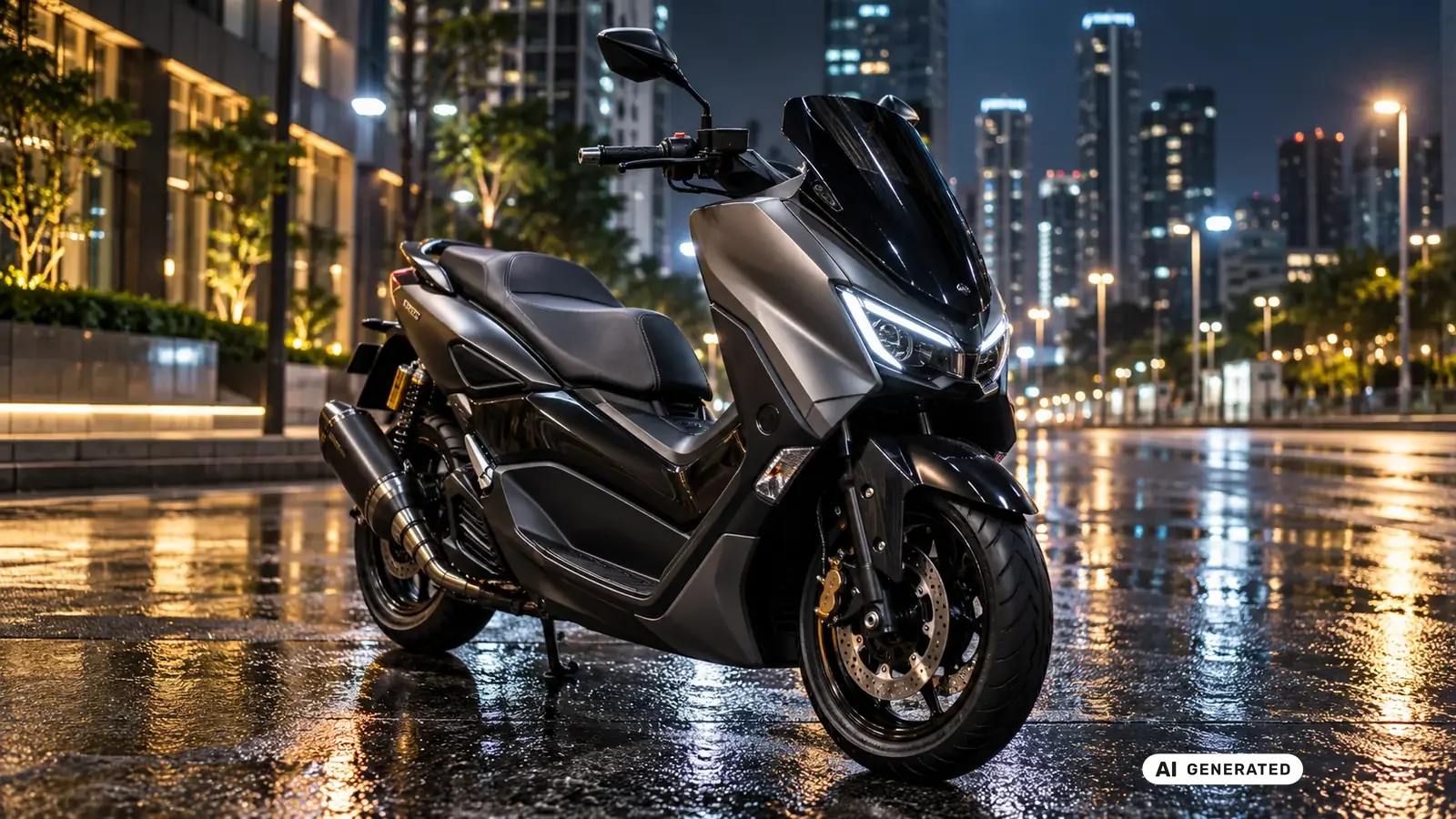 Yamaha NMAX, dunkler Grossroller mit Doppel-LED-Scheinwerfern in nächtlicher Stadtkulisse, Titelbild Tuning-Ratgeber · KI-generiertes Symbolbild.