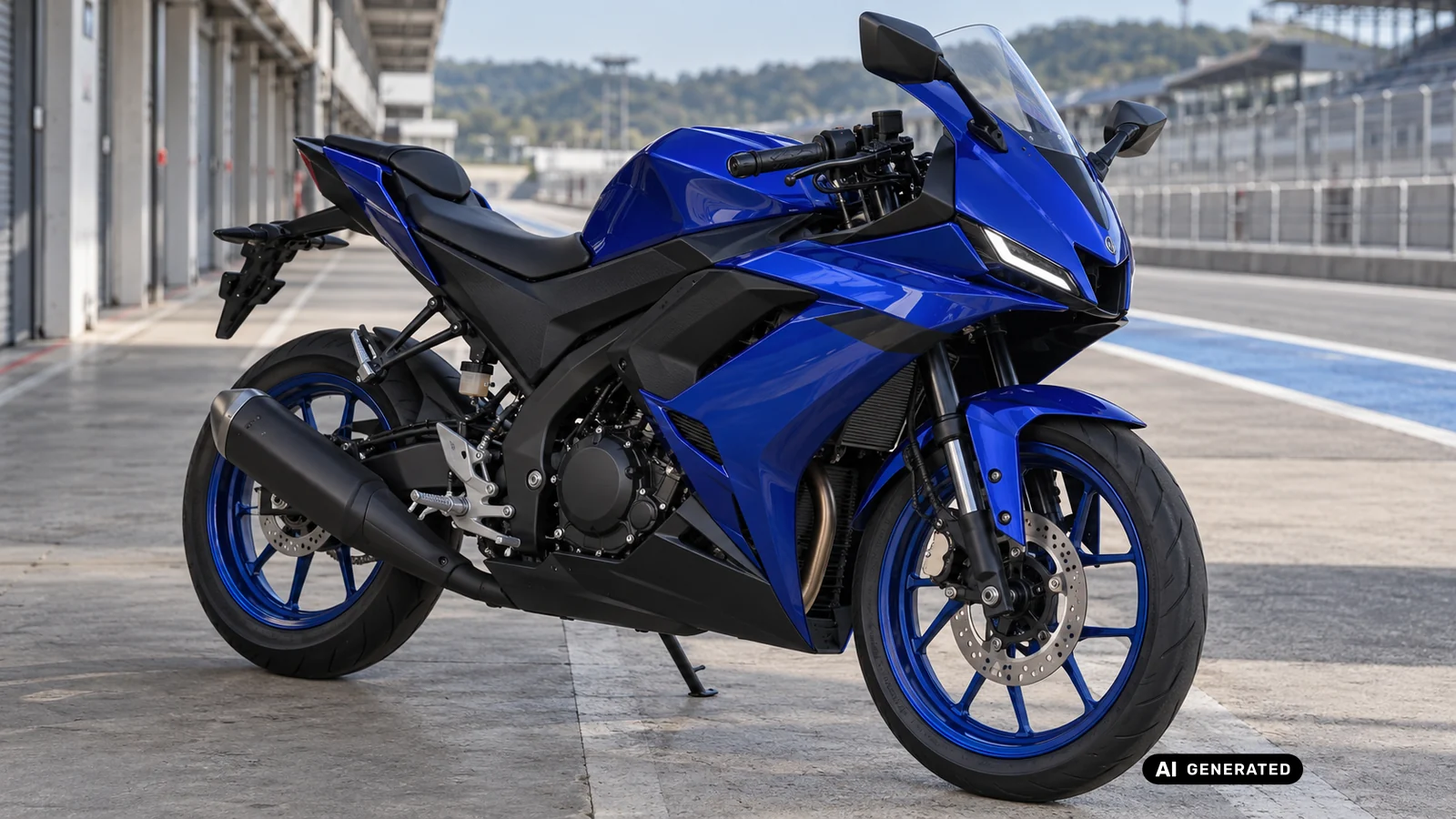 Blaue Yamaha YZF-R125 mit blauen Felgen in der Boxengasse einer Rennstrecke – KI-generiertes Symbolbild.
