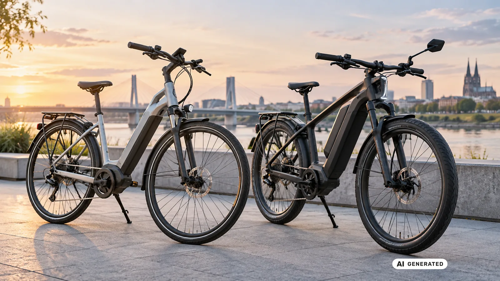 Zwei E-Bikes nebeneinander an einer Flusspromenade bei Sonnenuntergang · KI-generiertes Symbolbild.